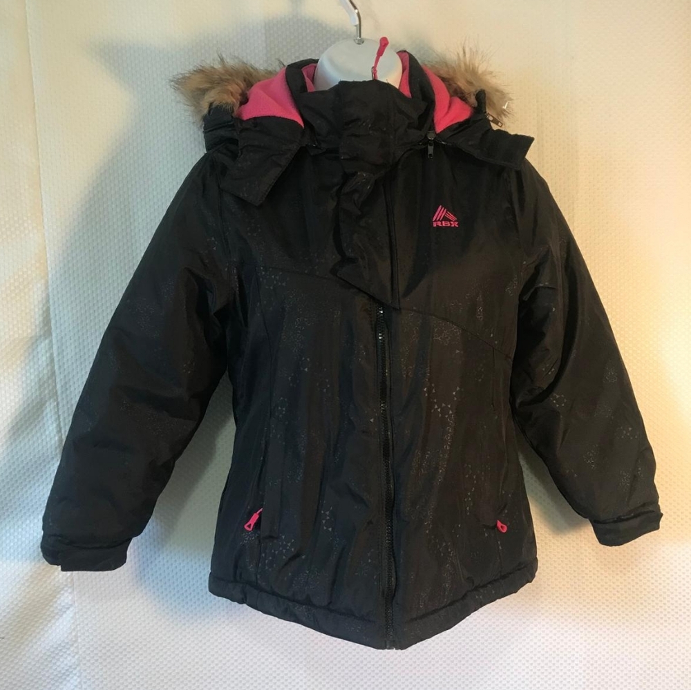 RBX Girls Black Pink Winter Jacket Faux Fur Hood